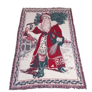 Vtg Tapestry Throw Santa Cotton Christmas Tree Holly Fringed Red Green White
